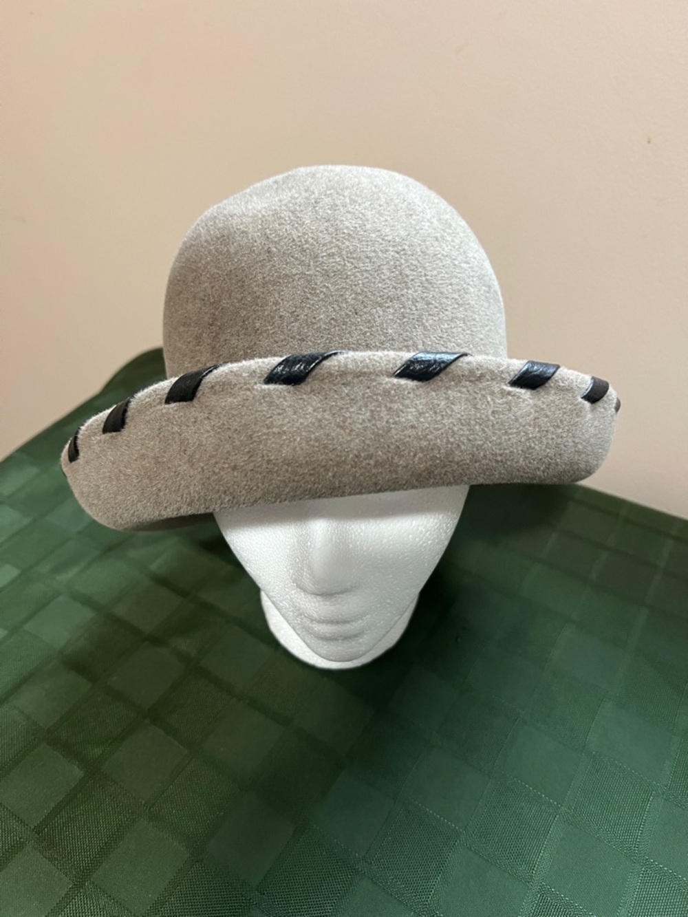 Wool Felt Cloche Hat with Leather Trim - Light Gray made in Italy